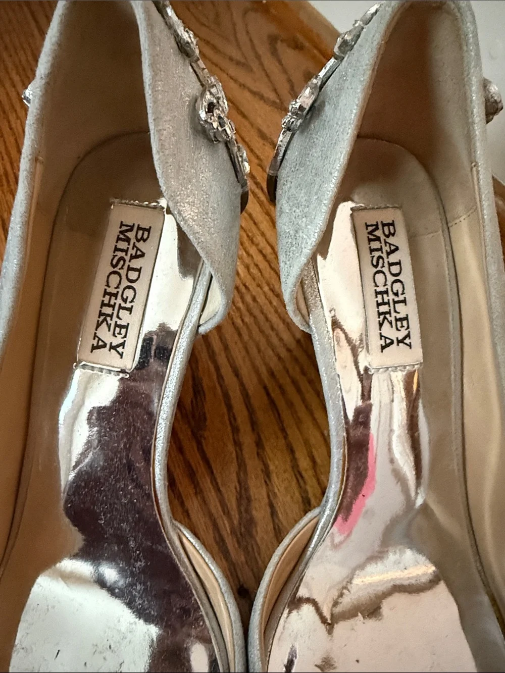 Badgley Mischka Silver Crystal-Embellished Peep-Toe Wedges